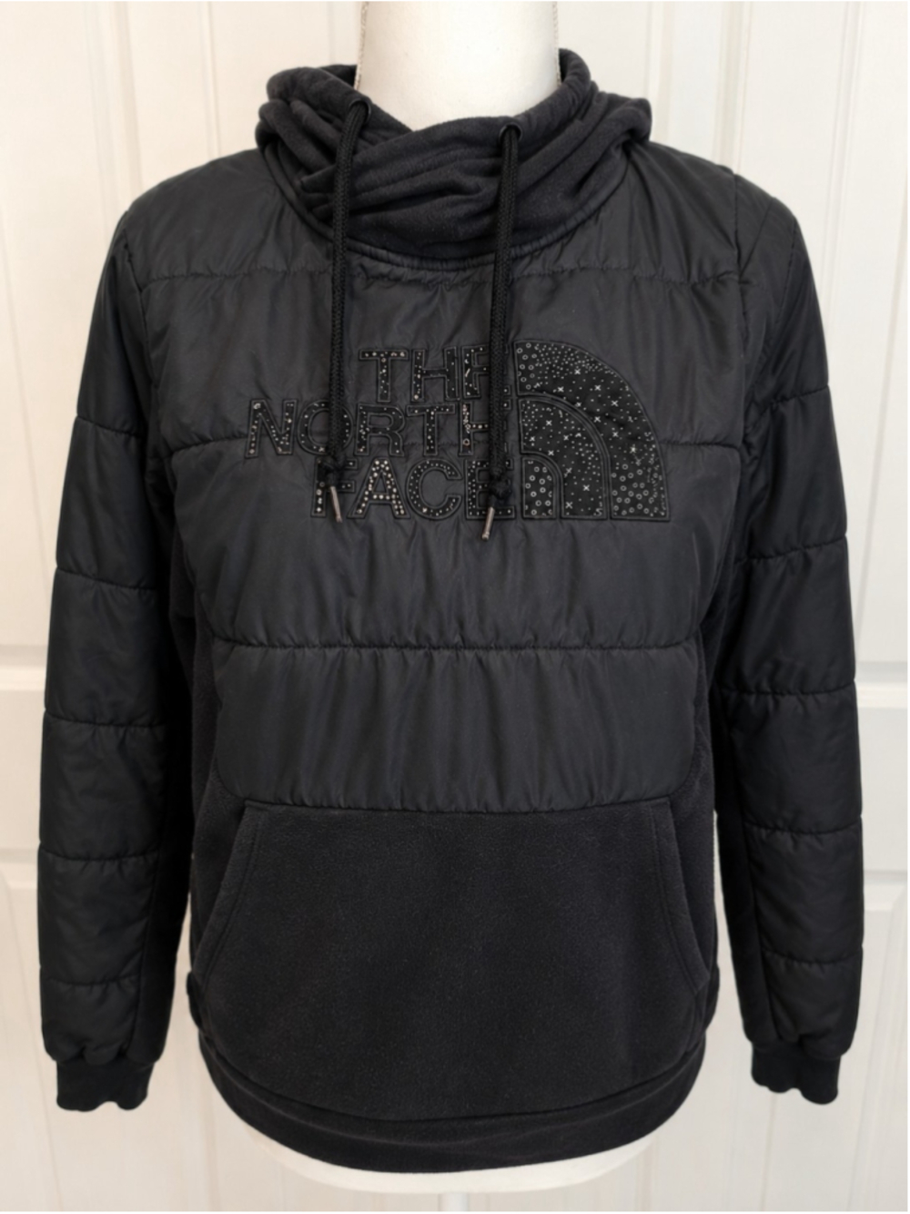 The North Face Womens Sz S Black Quilted Hybrid Hoodie Fleece Pullover Gorpcore